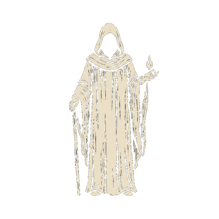 Woodcut illustration of the Mentor archetype, a hooded robed figure holding a staff, with a small flame in the other hand